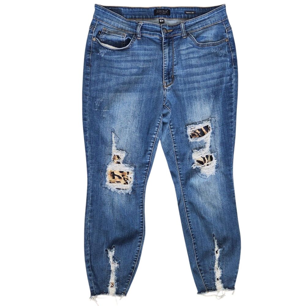 Judy Blue 16W Leopard Patch Distressed Jeans Skinny Cropped Raw Hem Western Boho